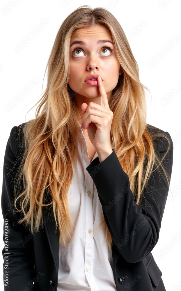 Thoughtful Young Woman in Blazer, Pondering with a Curious Expression Thoughtful Young Woman in Blazer, Pondering with a Curious Expression