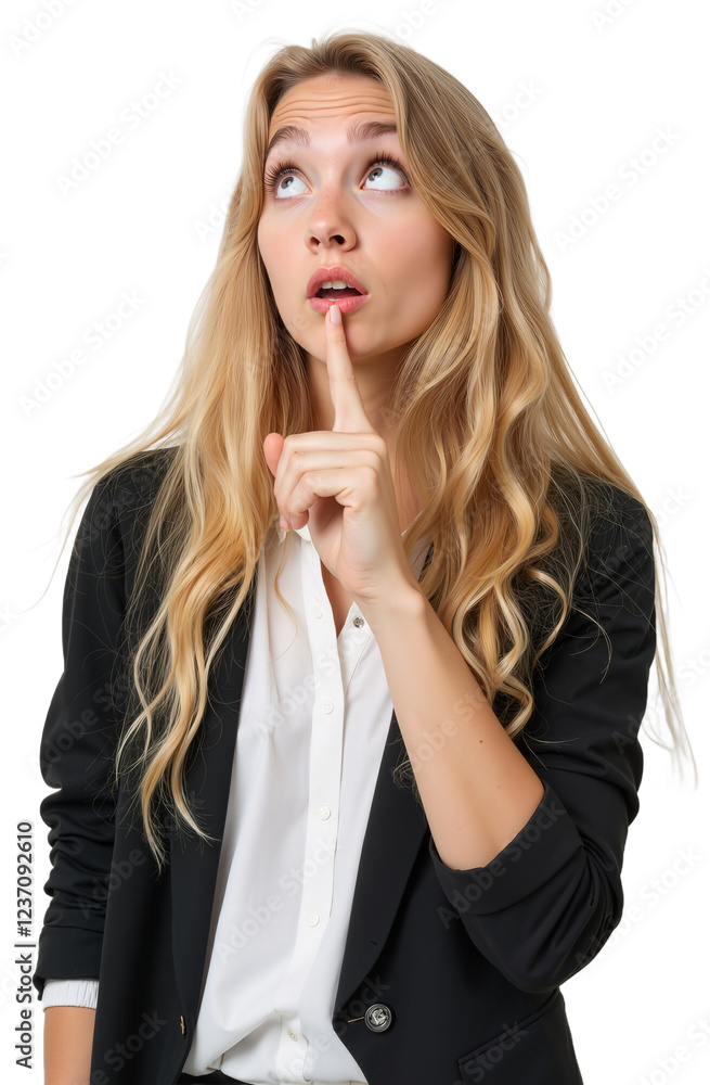 Thoughtful Young Woman in Blazer, Pondering with a Curious Expression Thoughtful Young Woman in Blazer, Pondering with a Curious Expression