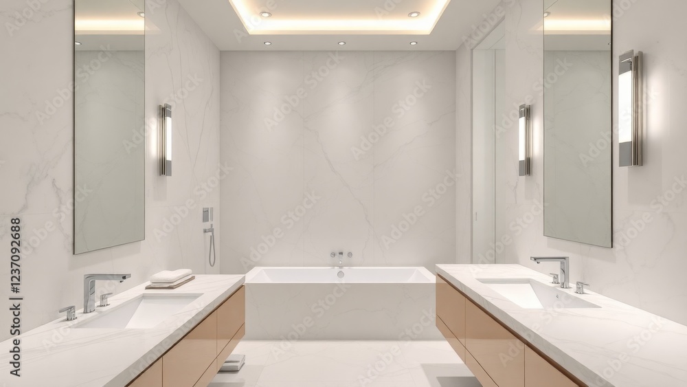 Luxurious Bathroom Design with Polished Marble Surfaces, Minimalist Fixtures, and Elegant Lighting for High-End Interiors Luxurious Bathroom Design with Polished Marble Surfaces, Minimalist Fixtures, and Elegant Lighting for High-End Interiors