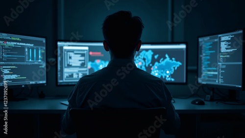 man sitting front three computer monitors dark room man facing away camera appears focused screens monitors arranged row largest monitor two smaller monitors right monitor displays different