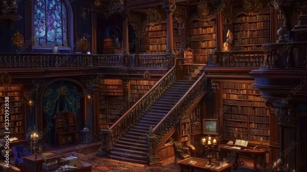 Fototapeta premium Grandiose Library With Bookshelves And Staircase