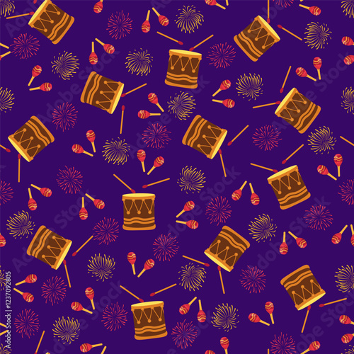 Carnival seamless pattern with drums, maracas and fireworks on a purple background. Mardi Gras decoration elements. Vector illustration