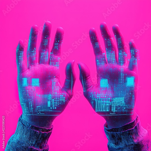 A pair of hands illuminated with digital patterns against a bright pink background, symbolizing technology and innovation.