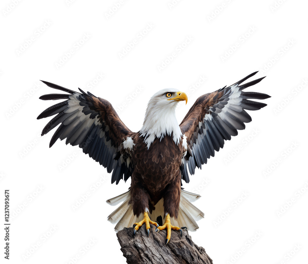 Majestic Bald Eagle with Wings Spread Perched on a Log, Isolated on Transparent and White Background Majestic Bald Eagle with Wings Spread Perched on a Log, Isolated on Transparent and White Background