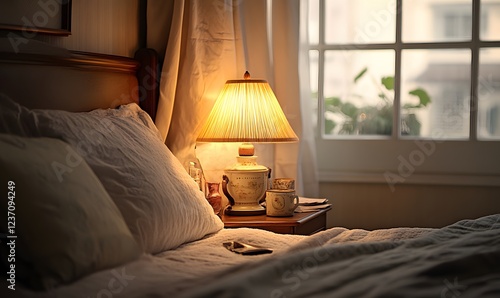 Warm inviting bedroom with lit lamp and bedside table soft bedding and window