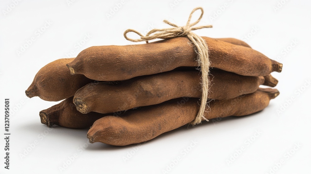 Fresh Tamarind Pods Tied with Natural Twine on White Background Fresh Tamarind Pods Tied with Natural Twine on White Background