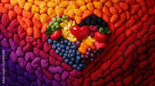 Colorful fruits arranged in a heart shape on a textured background. photo