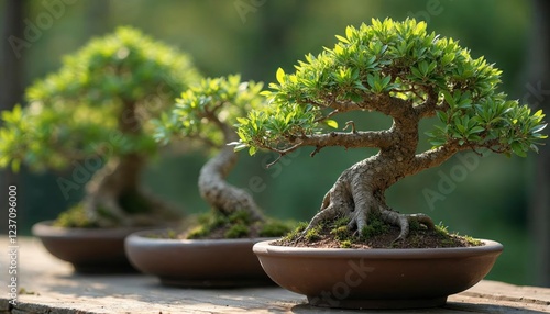 Elegant Bonsai Trees in Brown Pots Peaceful Garden Scene