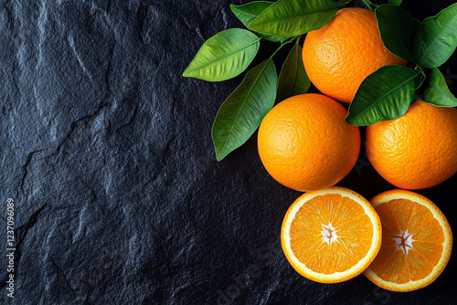 Fresh oranges and green leaves arranged on a dark slate surface showcasing natural beauty and vibrant colors