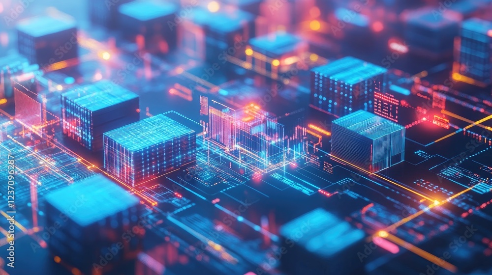 Obraz premium Abstract digital cityscape glowing network data cubes