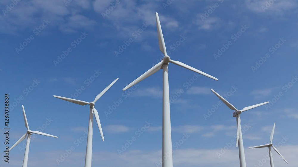 Wind turbines mounted in the sea with blue sky. Wind Mills background. Green energy. Renewable and sustainable resources. Electricity generation. 3d render. Wind turbines mounted in the sea with blue sky. Wind Mills background. Green energy. Renewable and sustainable resources. Electricity generation. 3d render.