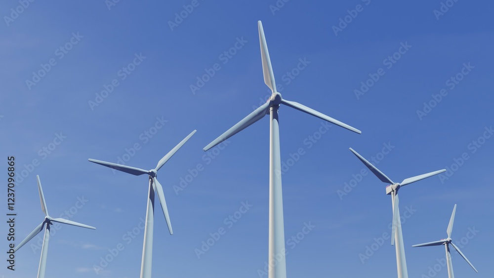 Wind turbines mounted in the sea with blue sky. Wind Mills background. Green energy. Renewable and sustainable resources. Electricity generation. 3d render. Wind turbines mounted in the sea with blue sky. Wind Mills background. Green energy. Renewable and sustainable resources. Electricity generation. 3d render.