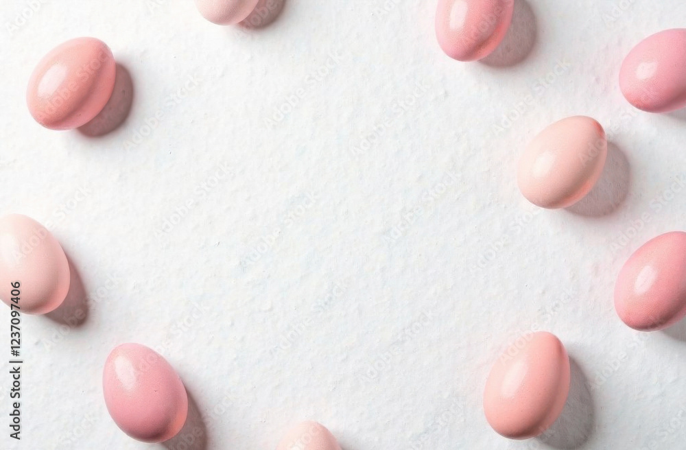Obraz premium Pastel pink Easter eggs arranged in a circular frame on a textured white background with ample copy space for text. Perfect for holiday greetings, invitations, and festive designs.
