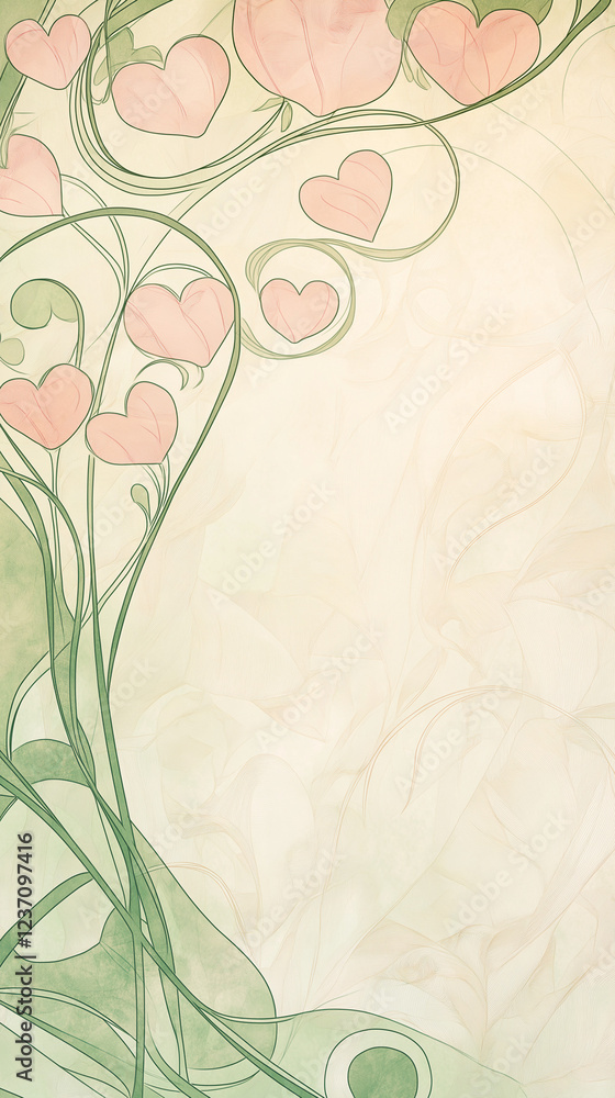 Valentine background with green tendrils and pink hearts