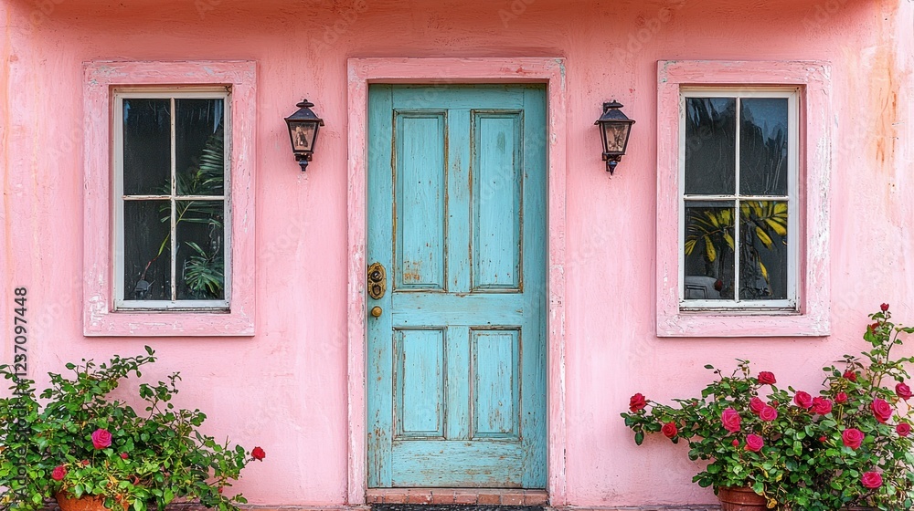 Pink House with Turquoise Door and Roses Pink House with Turquoise Door and Roses
