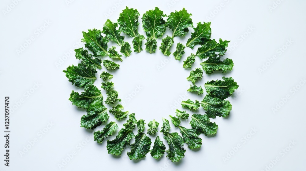 Fresh Green Kale Leaves Arranged in Circular Pattern on White Surface Fresh Green Kale Leaves Arranged in Circular Pattern on White Surface