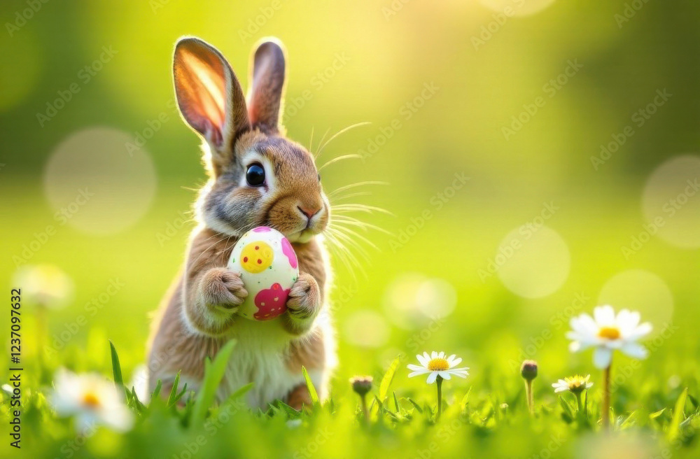 Fototapeta premium Adorable Easter bunny holding a decorated egg with a chick design in a sunlit meadow. Ample copy space for text, perfect for holiday greetings, festive designs, and easter articles.