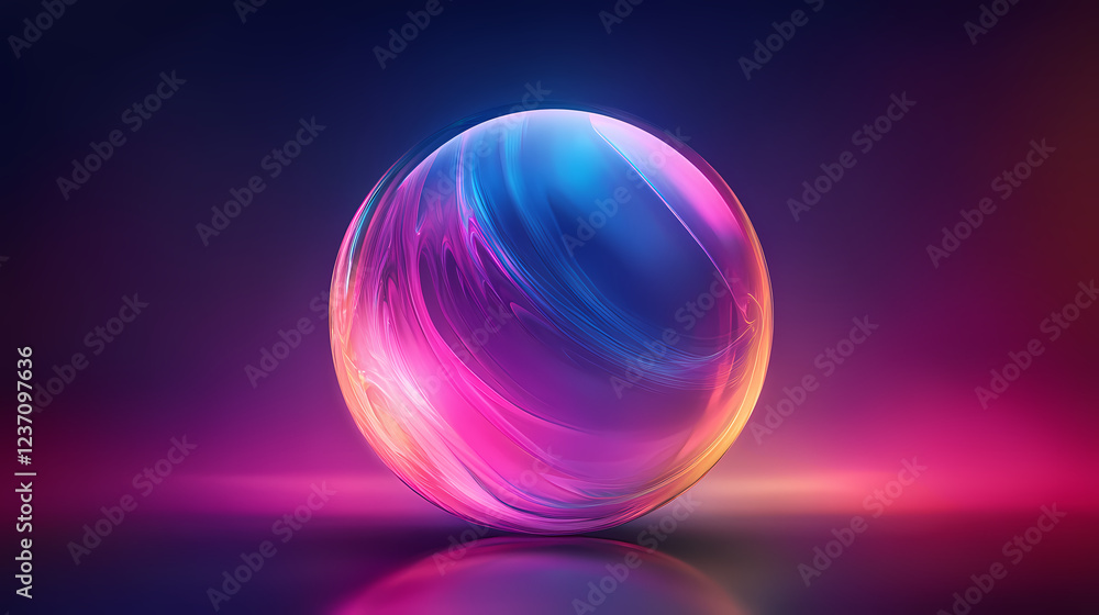 Obraz premium Iridescent soap bubble on dark background with reflective surface and colorful light effects. Iridescent Glow. Illustration