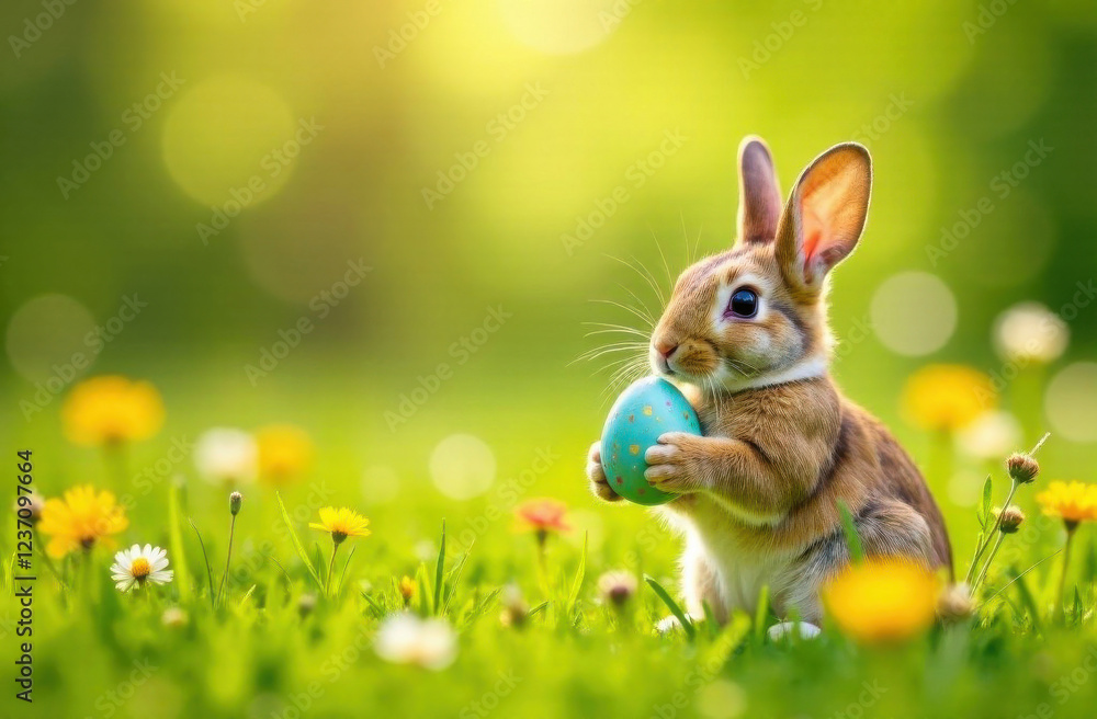 Cute Easter bunny holding a blue egg in a vibrant spring meadow with blooming flowers and a sunlit background. Ample copy space for text, perfect for holiday greetings, social medial posts Cute Easter bunny holding a blue egg in a vibrant spring meadow with blooming flowers and a sunlit background. Ample copy space for text, perfect for holiday greetings, social medial posts
