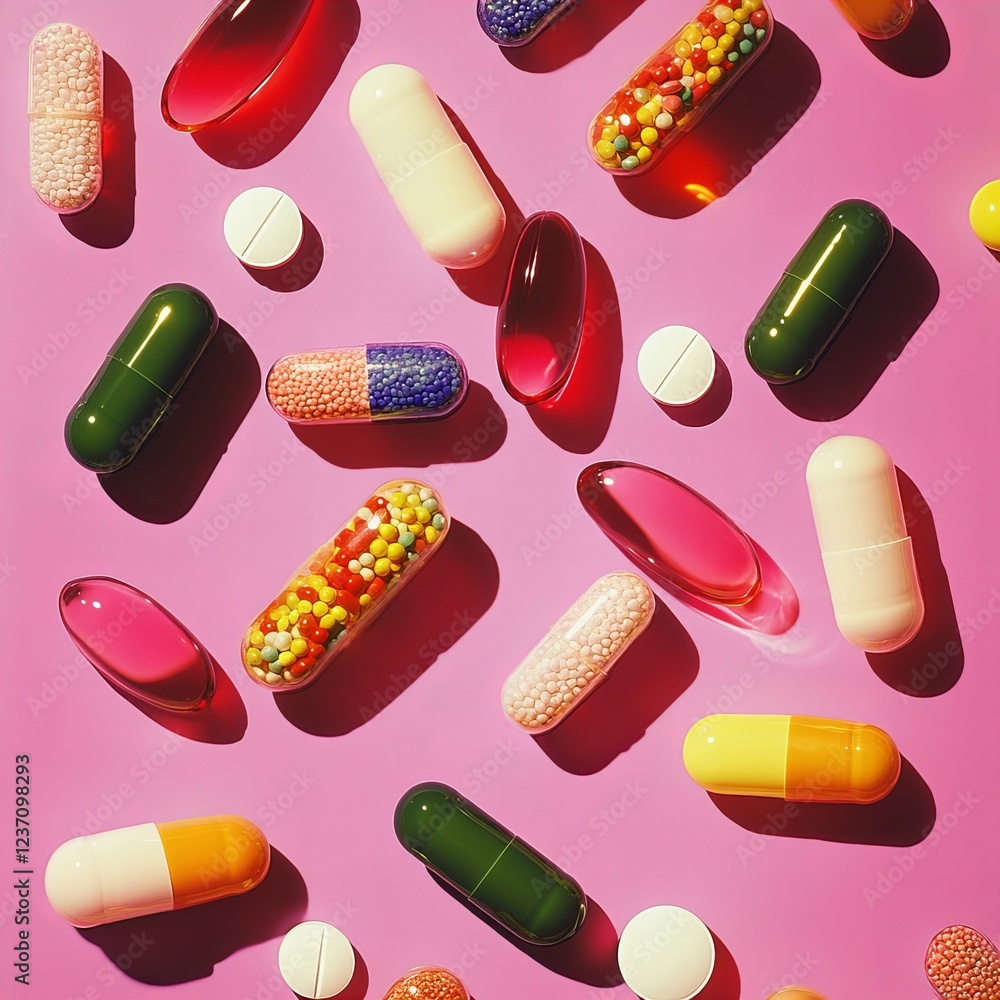 Top view of various pills and capsules scattered on a soft pink background, symbolizing health, wellness, and pharmaceuticals. Ideal for healthcare, medical, and wellness-related designs. Top view of various pills and capsules scattered on a soft pink background, symbolizing health, wellness, and pharmaceuticals. Ideal for healthcare, medical, and wellness-related designs.