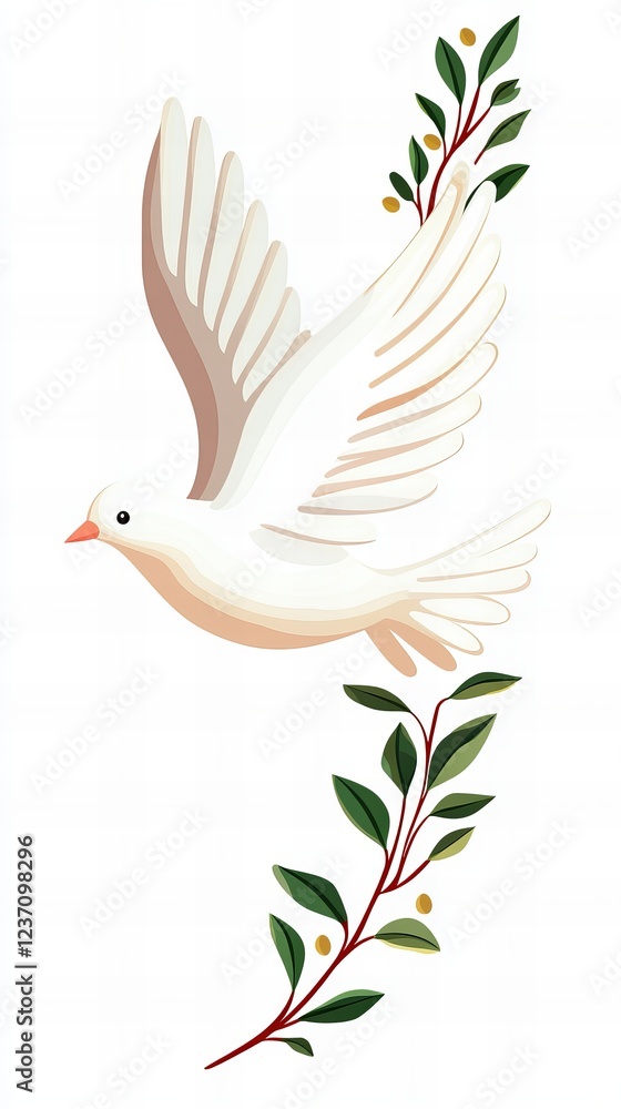 Fototapeta premium White dove in flight carrying an olive branch. Symbol of peace and hope.