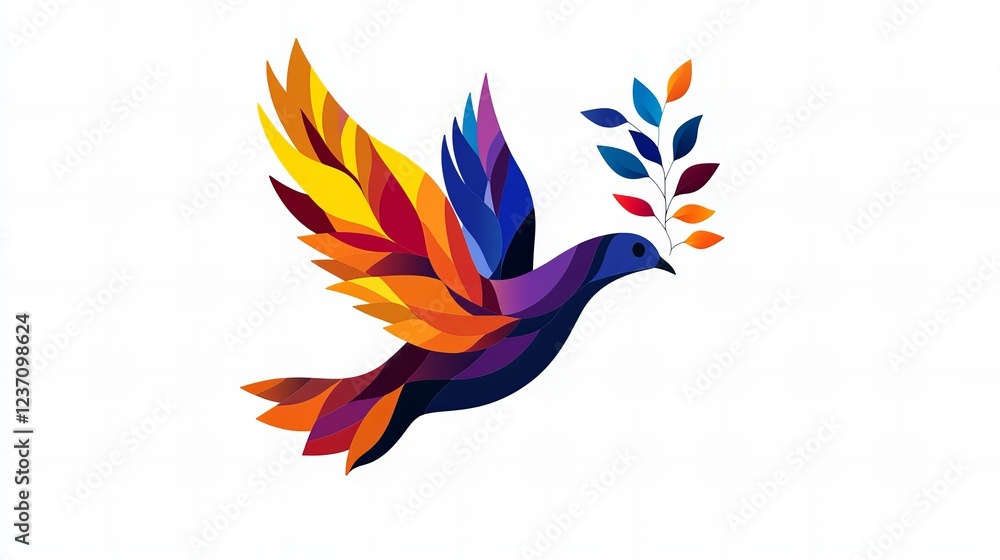 Naklejka premium Vibrant colorful bird in flight, carrying a branch of leaves. A symbol of peace and hope.