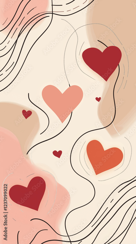 Pink and red hearts with curved lines and text space