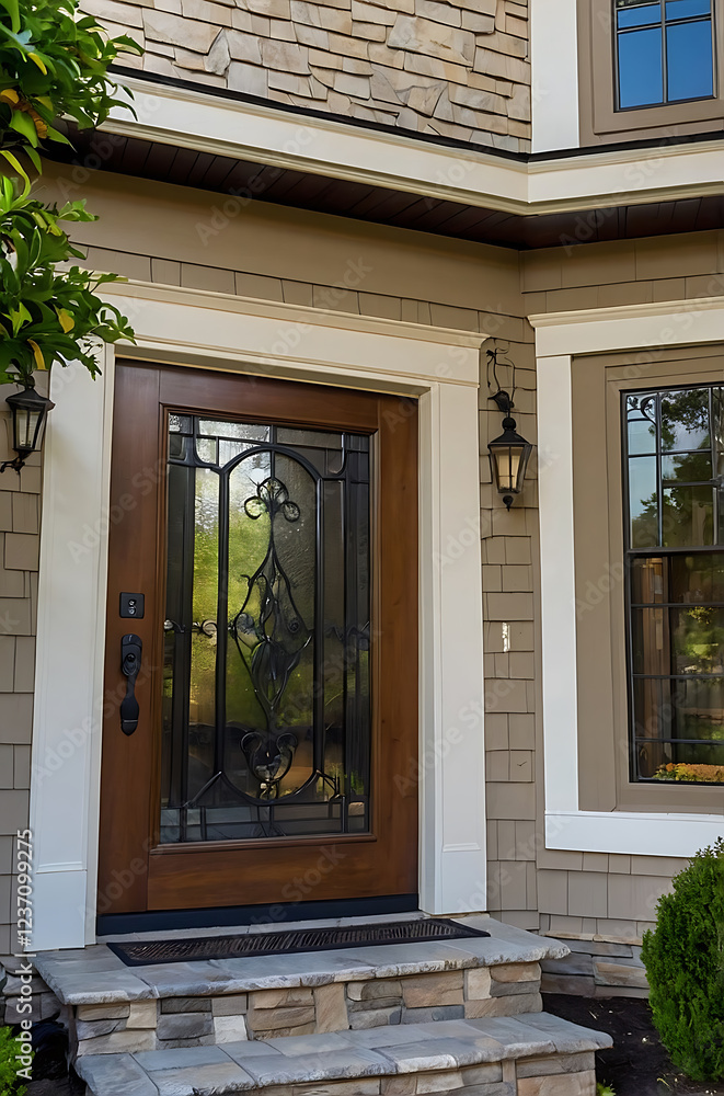 Elegant Home Entrance: A Stunning View of a Modern House with a Beautiful Wooden Door and Stone Steps Elegant Home Entrance: A Stunning View of a Modern House with a Beautiful Wooden Door and Stone Steps