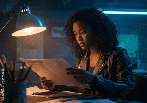 African American female detective examining case files at night desk under lamp light. Criminal investigation process with serious focused expression. Dark moody office atmosphere photo