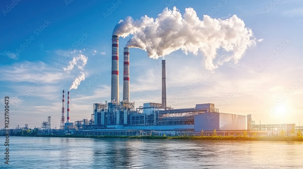 Industrial Power Plant By River With Smoke Stacks Industrial Power Plant By River With Smoke Stacks