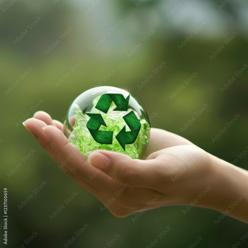Hand Holding Green Orb with Recycling Icon, Eco-Friendly Symbols Hand Holding Green Orb with Recycling Icon, Eco-Friendly Symbols