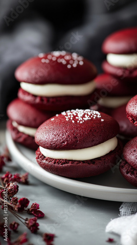 Red velvet whoopie pies with text space vertical