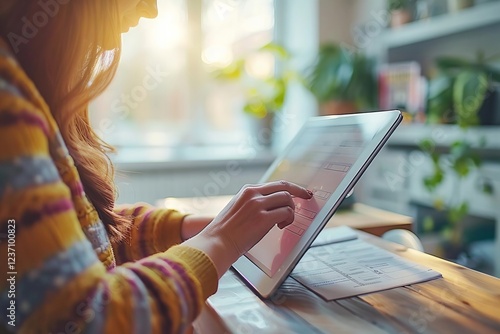 Woman filling out an online survey form on a tablet device with a close-up of her hand selecting options on the screen.