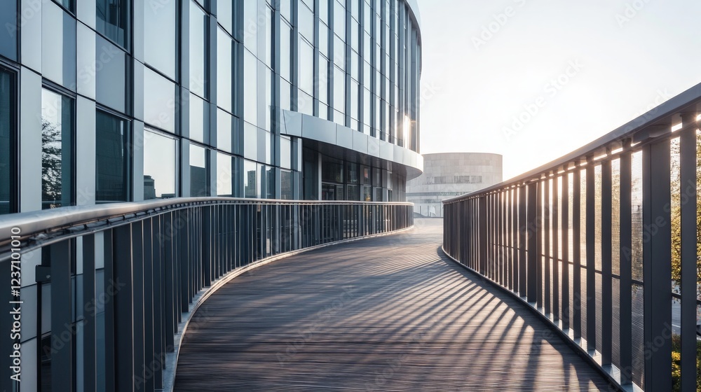 Fototapeta premium Modern Architectural Pathway with Curved Design and Glass Facade