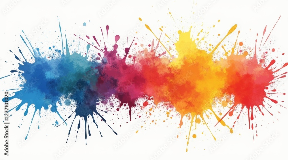 Fototapeta premium Bright paint splashes in various colors, isolated on white background, dynamic and energetic feel