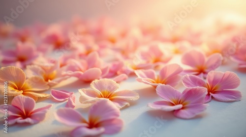 Colorful flower petals scattered on a soft surface, delicate and vibrant, soft lighting highlighting the details