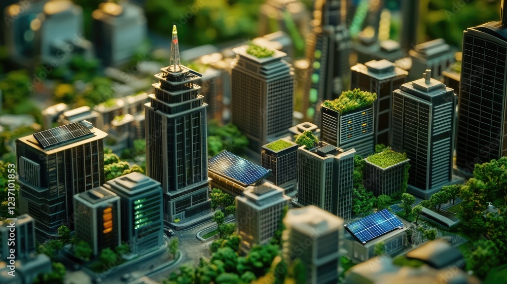 Eco Friendly City Model With Solar Panels And Green Roofs Eco Friendly City Model With Solar Panels And Green Roofs