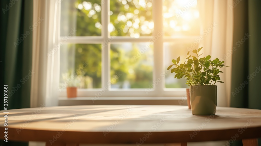 Fototapeta premium Sunlit Wooden Table With Green Plant In A Pot