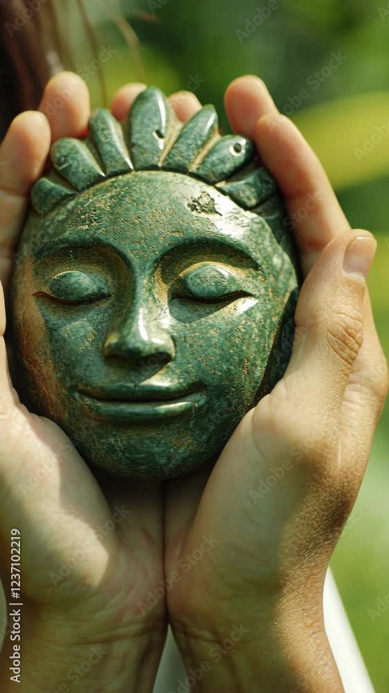 Hands gently cradle an intricately carved green stone face sculpture surrounded by nature Hands gently cradle an intricately carved green stone face sculpture surrounded by nature