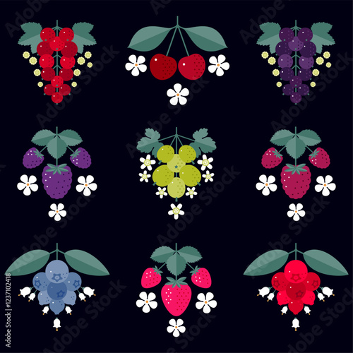 Icon set of berries with leaves and lflowers. Strawberry blueberry lingonberry red currants black currants raspberry gooseberry.