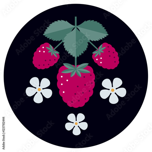 Raspberry flat illustration. Berries, flowers and leaves in black circle background.