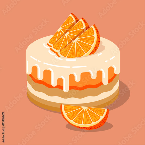 Illustration of beautiful cake with cream glaze, jam and orange slices on a bright background. Poster or postcard. 
