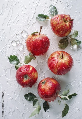 Bright Red Apples of Different Shades with Leaves, Decorated with Water Drops and Thin Splashes on White Background - Fresh and Juicy Fruit photo