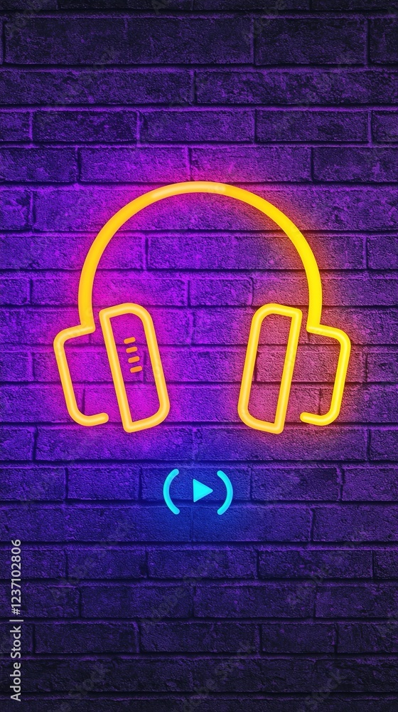 Obraz premium A vibrant neon illustration of headphones against a dark brick wall, symbolizing music and sound.