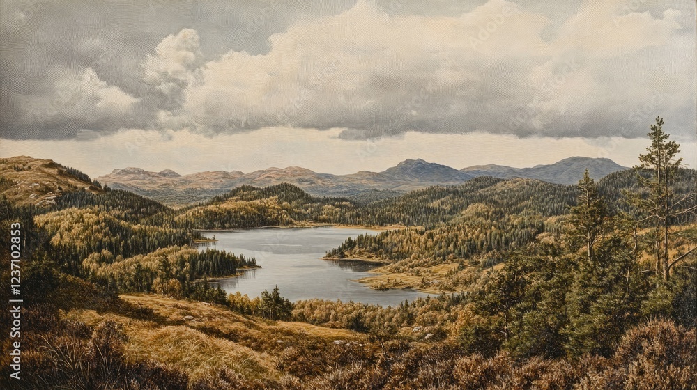 Fototapeta premium Serene Mountain Lake Landscape Under Cloudy Skies