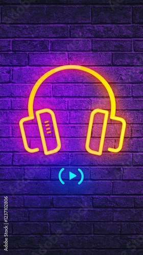 A vibrant neon illustration of headphones against a dark brick wall, symbolizing music and sound.