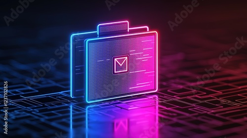 A vibrant, neon digital folder icon with an envelope symbol, representing email and data storage in a futuristic, tech-inspired setting.