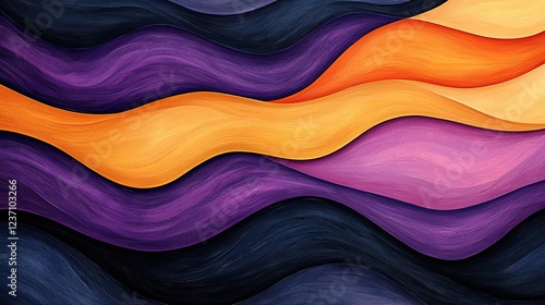 A colorful abstract design featuring flowing waves in shades of purple, orange, and black, creating a dynamic visual harmony.