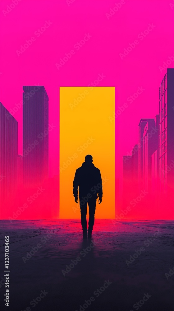Naklejka premium A silhouette walks towards a bright yellow doorway amid a vibrant pink backdrop, surrounded by dark city structures, evoking a sense of mystery and adventure.