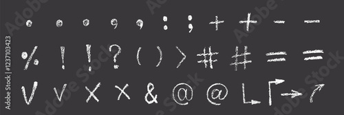 Chalk, crayon hand drawn grunge texture punctuation check marks, pointer, arrow, speech bubble, underline, question mark, hash tag, exclamation point, bracket, dot for to do list and note, diagram